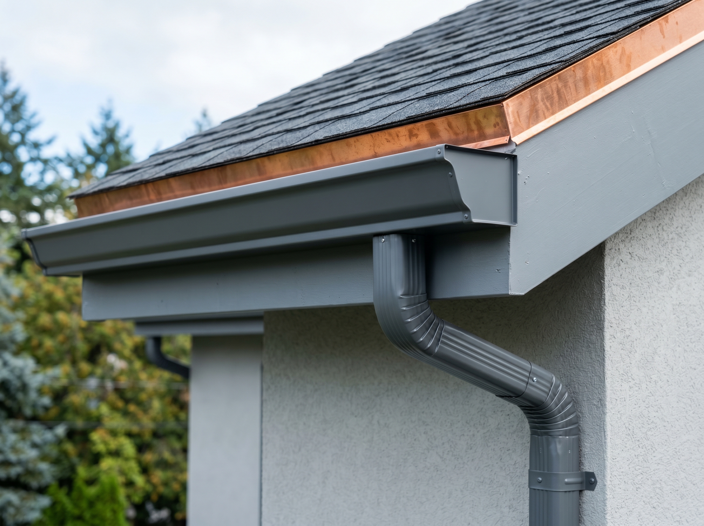 Close-up of a clean seamless gutter and downspout with copper-toned flashing along a roof edge.