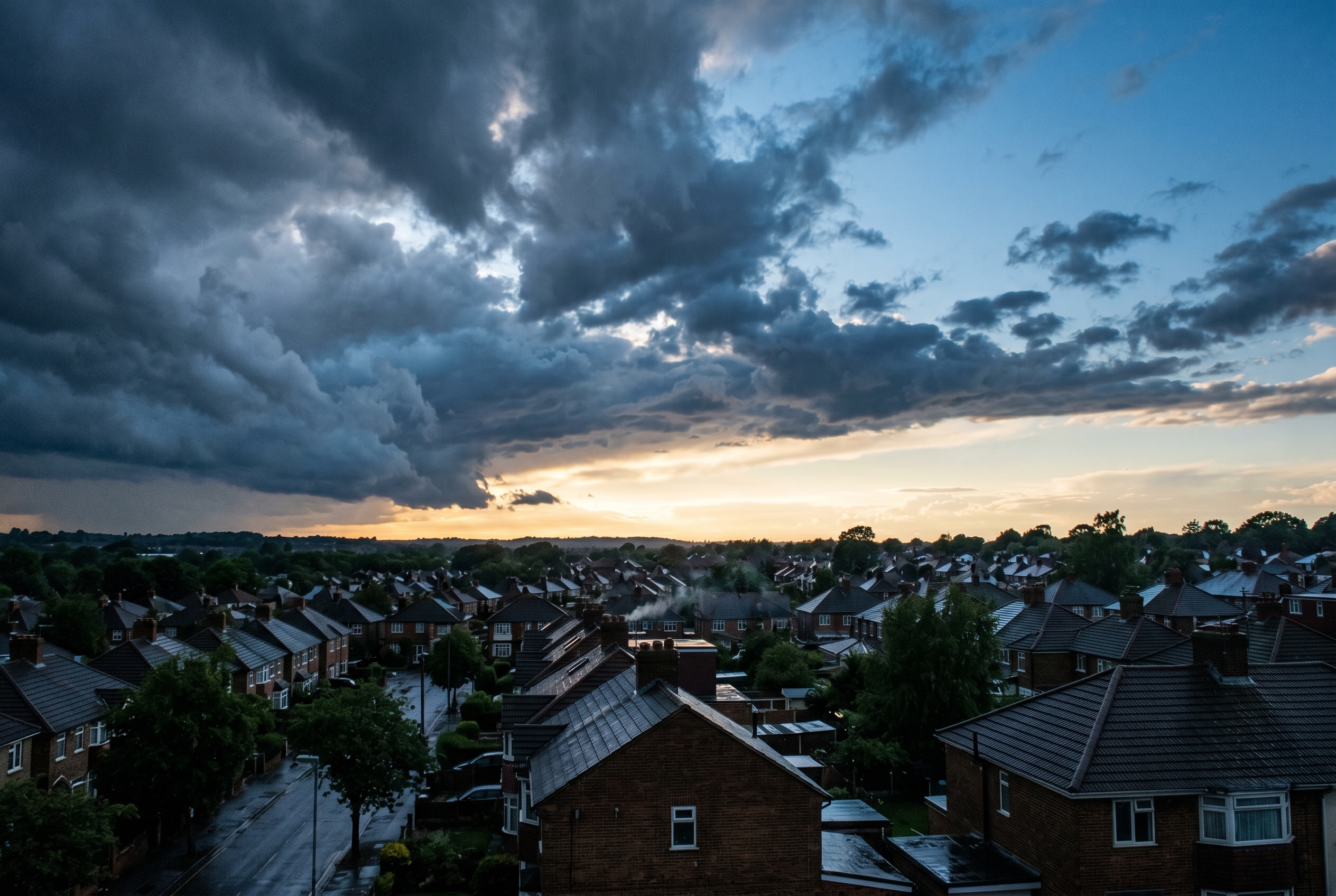 Storm clouds breaking up into clear sky over a neighborhood of rooftops.